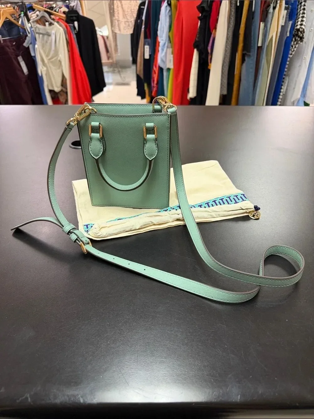 Tory Burch Mint Green Leather Mini Crossbody with Gold Hardware